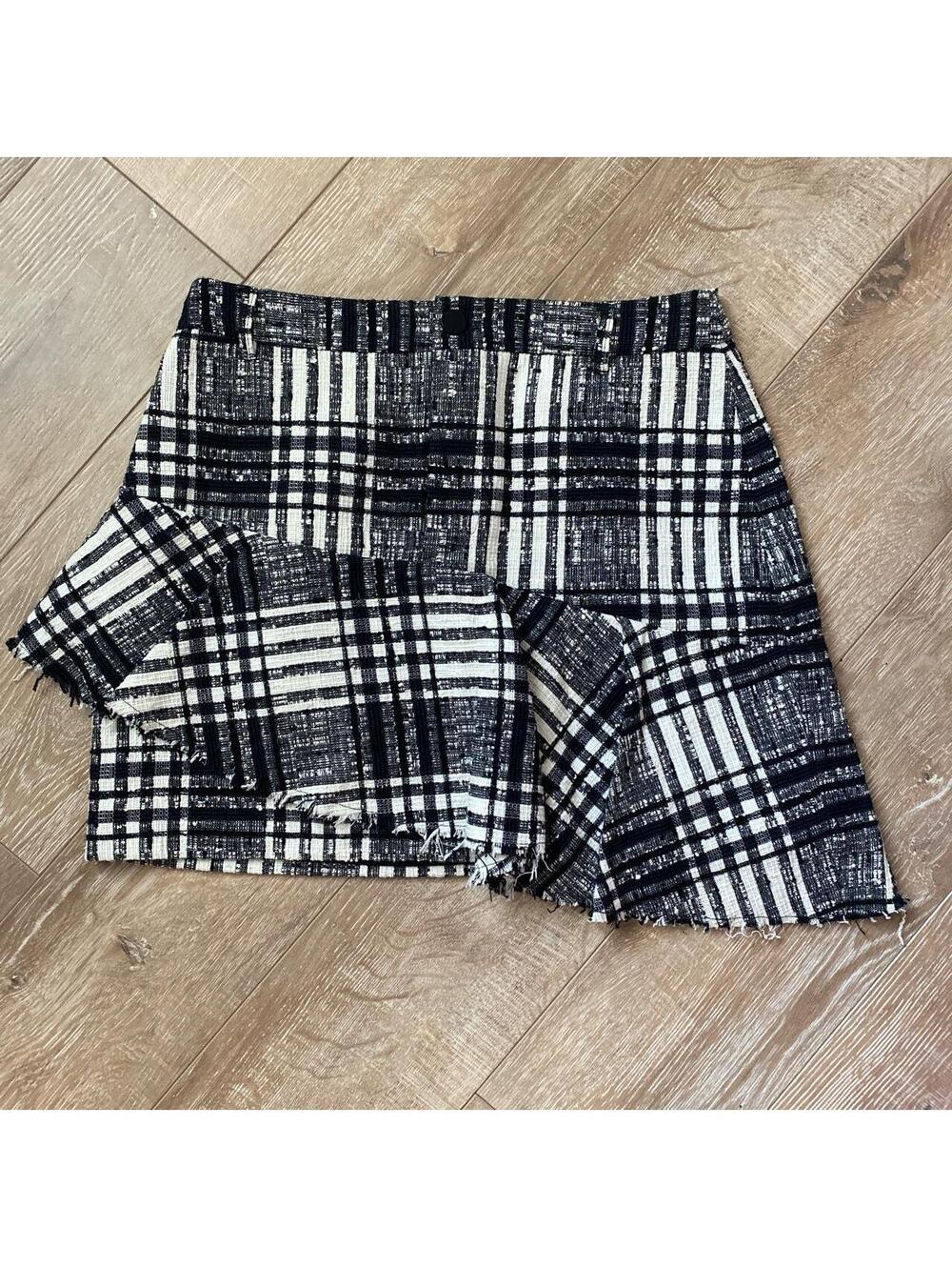 alice + olivia Black and White Plaid Mini Skirt with Ruffle Detail